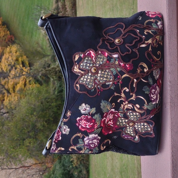 #VINTAGE #BUENO Embroidered Multi-Print Fabric Satchel# - Picture 3 of 13